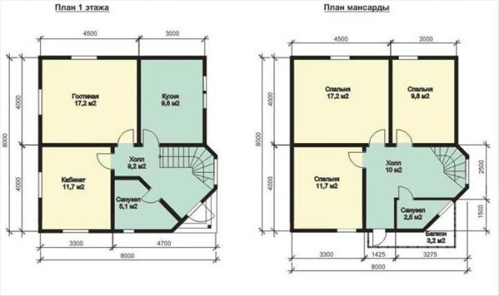 projekter af træhuse med mansard 8x8